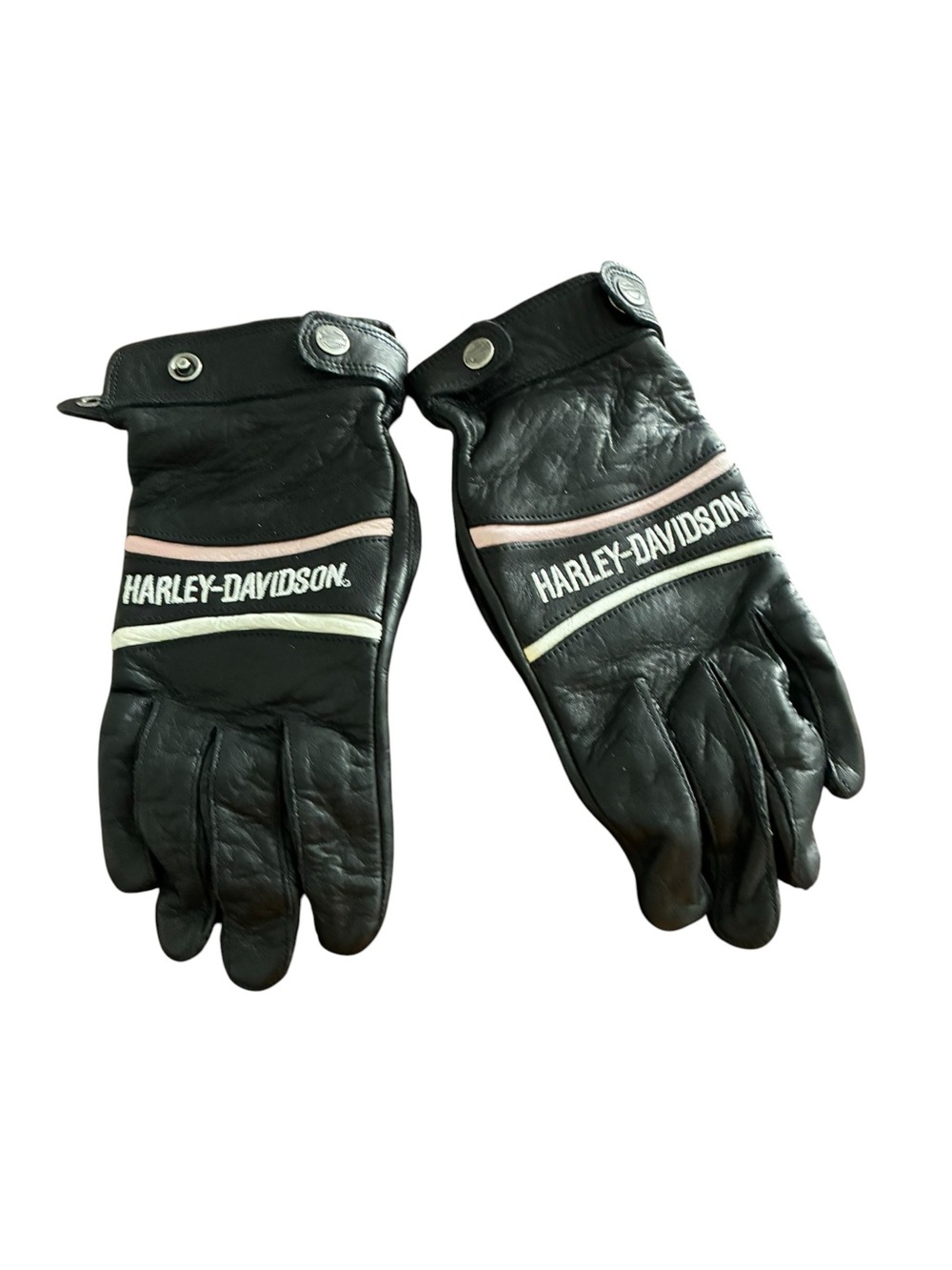Harley-Davidson Black Leather Gloves with White & Pink Stripe Accents